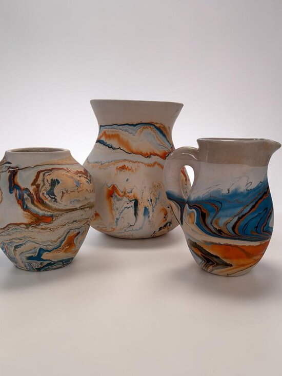 Nemadji Other - Vintage Nemadji USA Pottery Set 3 Swirl Marbled Vase Pitcher Boho MCM Decor